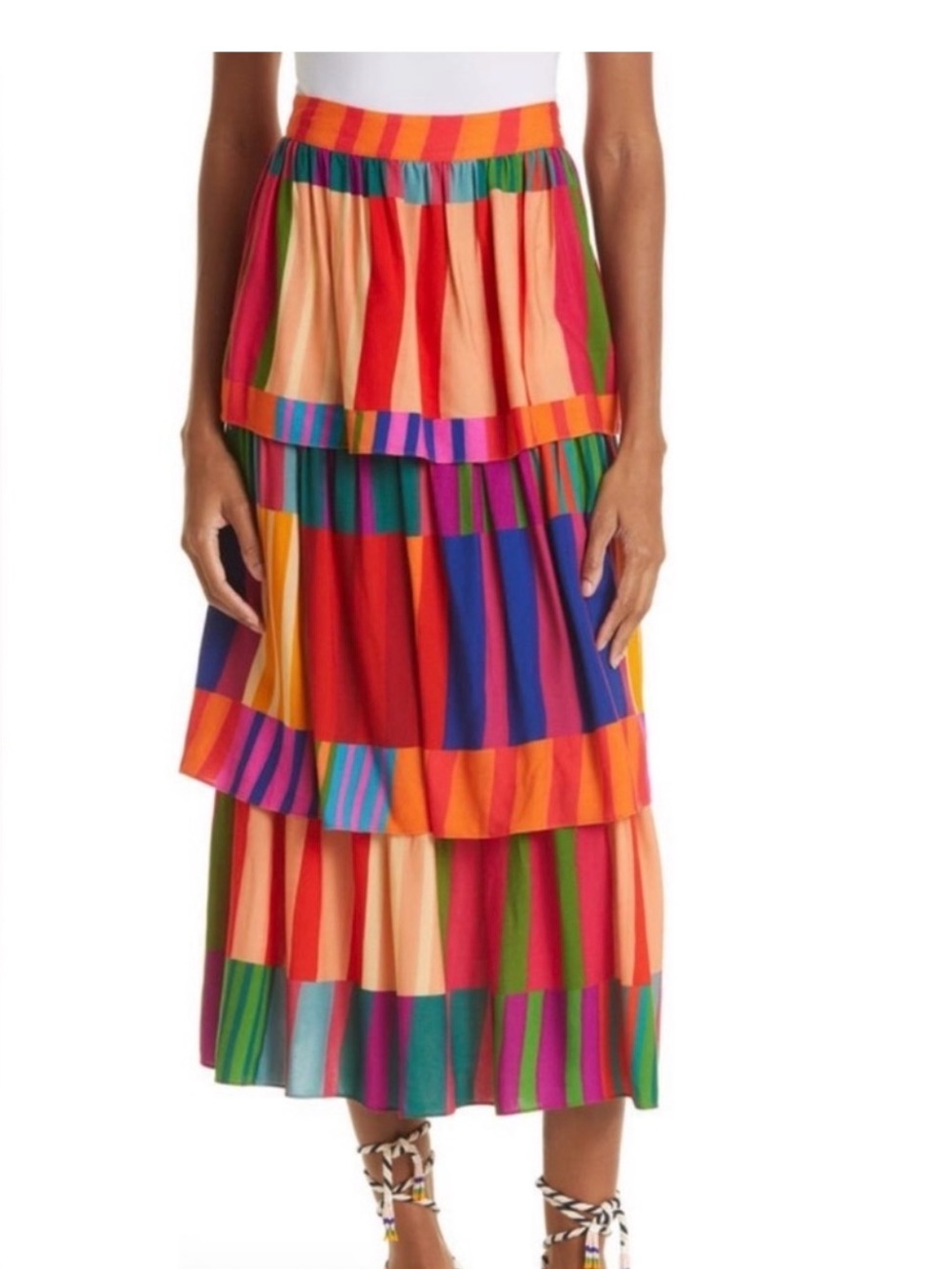 NWT Farm Rio Sunset Stripes Lenzing Ecovero Viscose Boho Colorful Midi Skirt